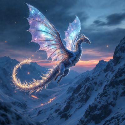 Primary subject: A dragon with a long tail and wings flying in the sky.

Setting/background: The dragon is flying over a snowy mountain range, with a beautiful sunset in the background.

Visual style: The image is a digital artwork, featuring a detailed and colorful dragon.

Colors and mood: The colors in the image are predominantly blue, purple, and orange, creating a serene and magical atmosphere.
